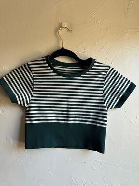Offline Aerie Striped Cropped Tee Green White Athletic Clean Girl Top XS